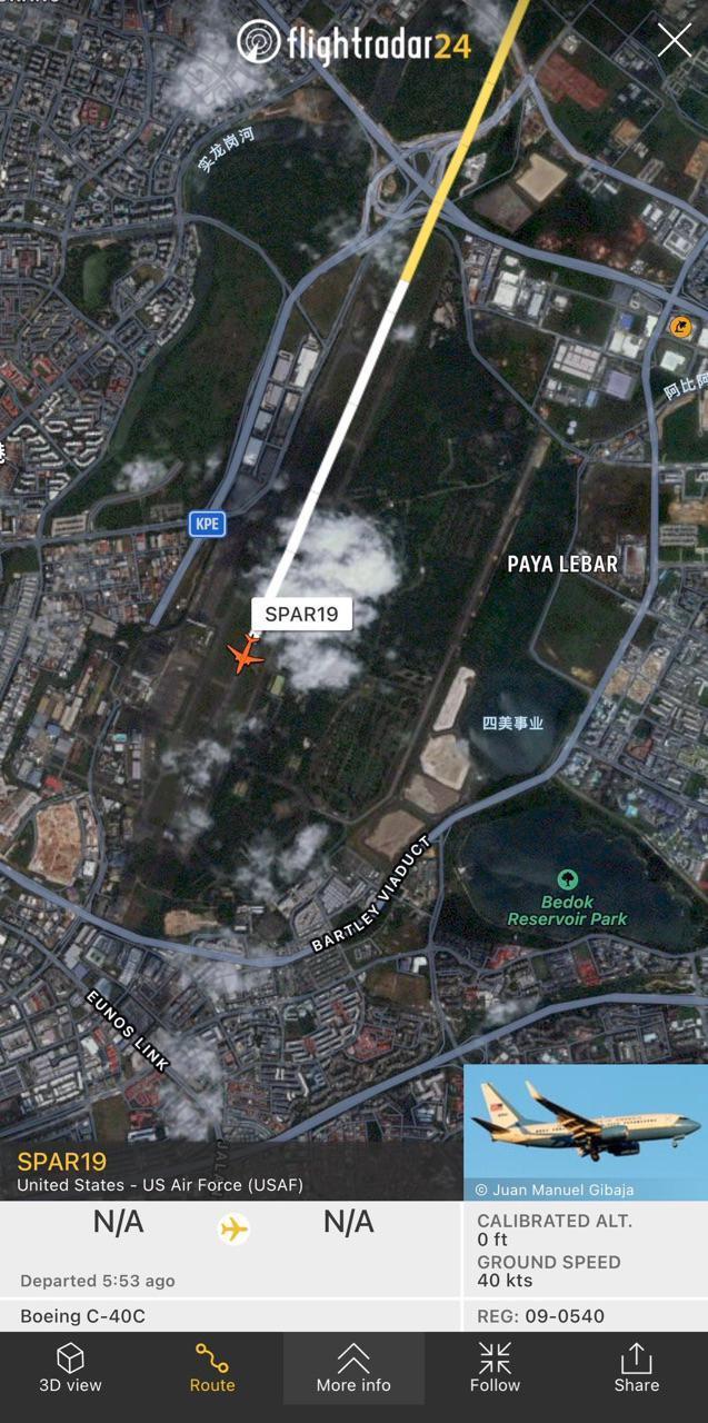 外国飞行航班信息平台：“佩洛西专机”已抵达新加坡巴耶利峇空军基地